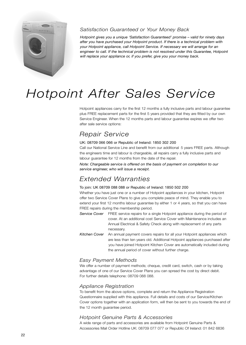 Hotpoint after sales service, Repair service, Extended warranties | Hotpoint WD71 User Manual | Page 22 / 24