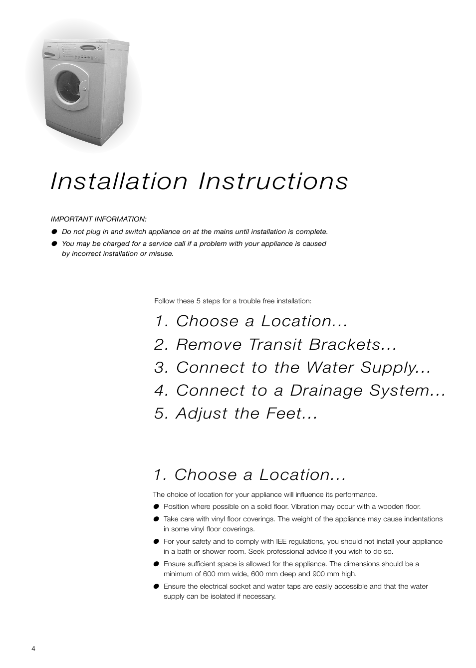 Installation instructions, Choose a location | Hotpoint WD71 User Manual | Page 4 / 24