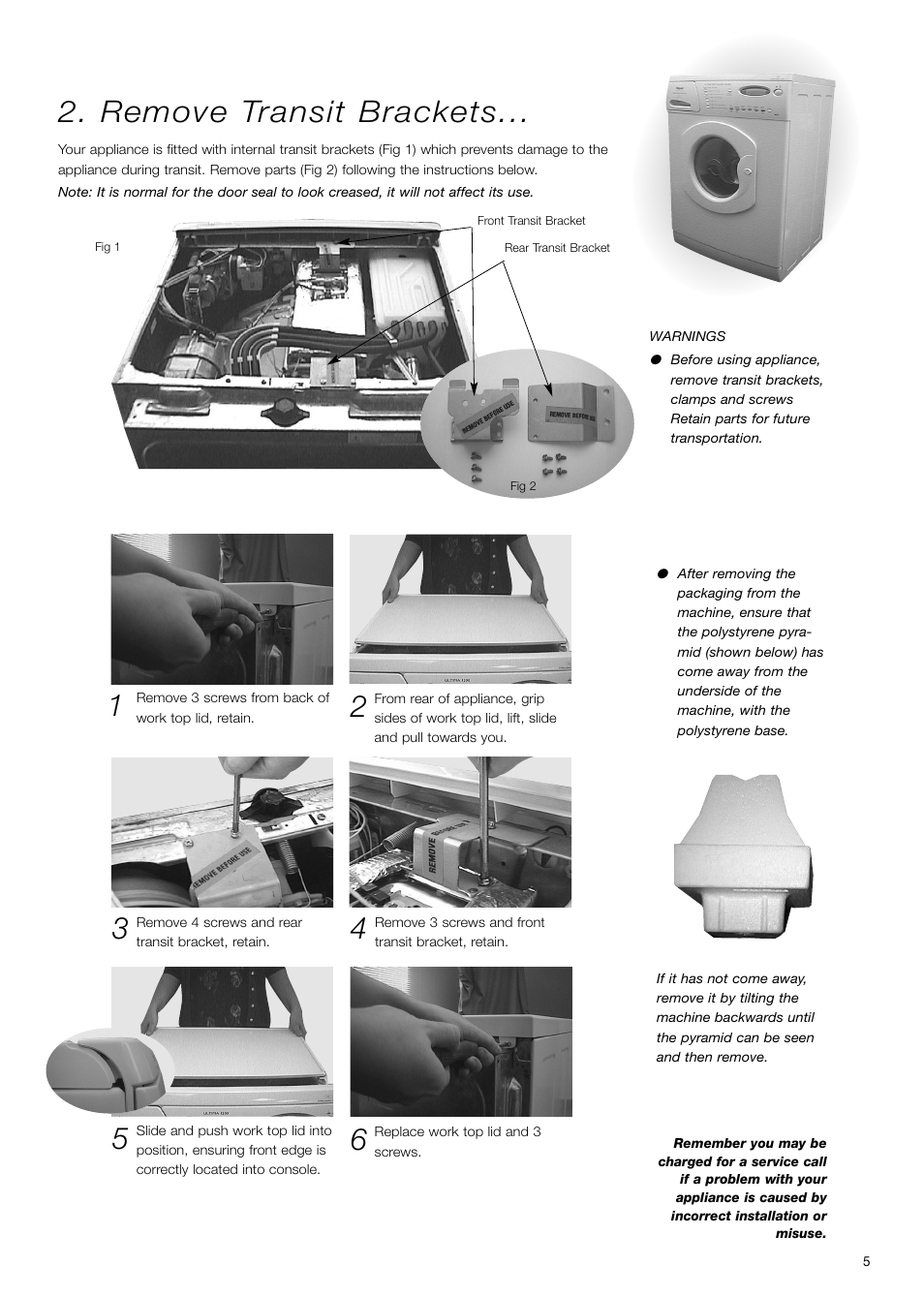 Remove transit brackets | Hotpoint WD71 User Manual | Page 5 / 24