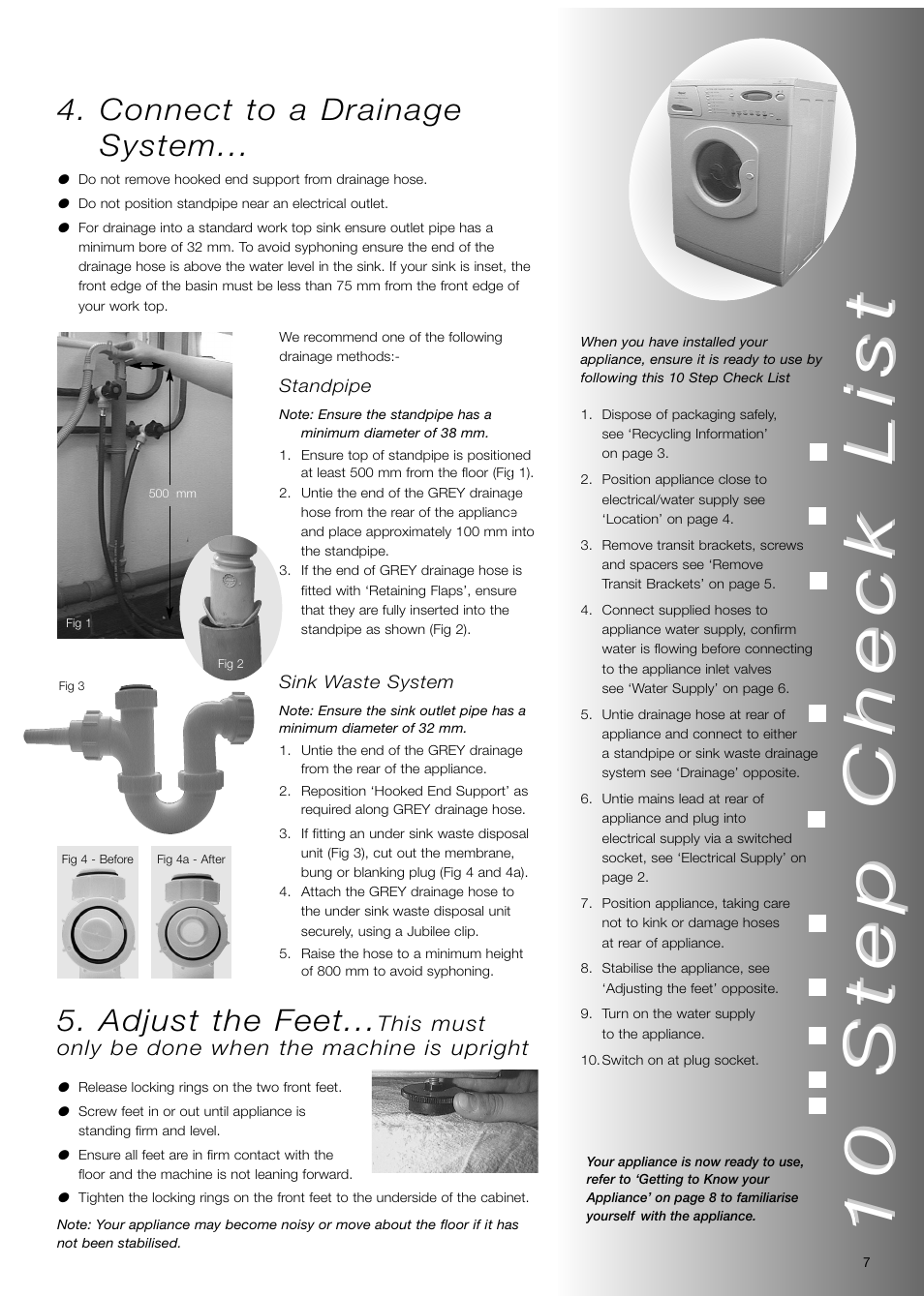 10 step, 10 step check list check list, Connect to a drainage system | Adjust the feet, This must only be done when the machine is upright | Hotpoint WD71 User Manual | Page 7 / 24