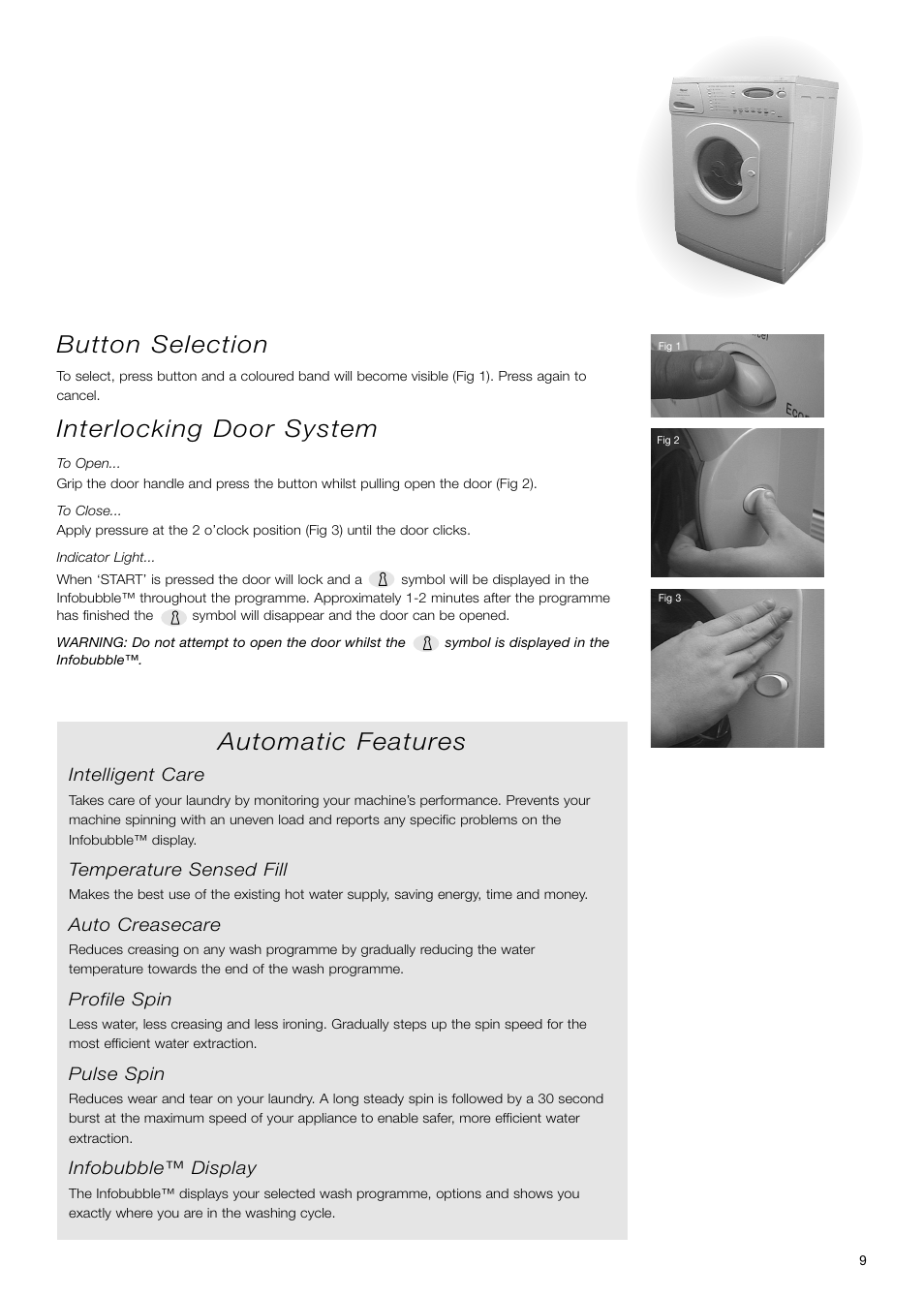 Button selection, Interlocking door system, Automatic features | Hotpoint WD71 User Manual | Page 9 / 24