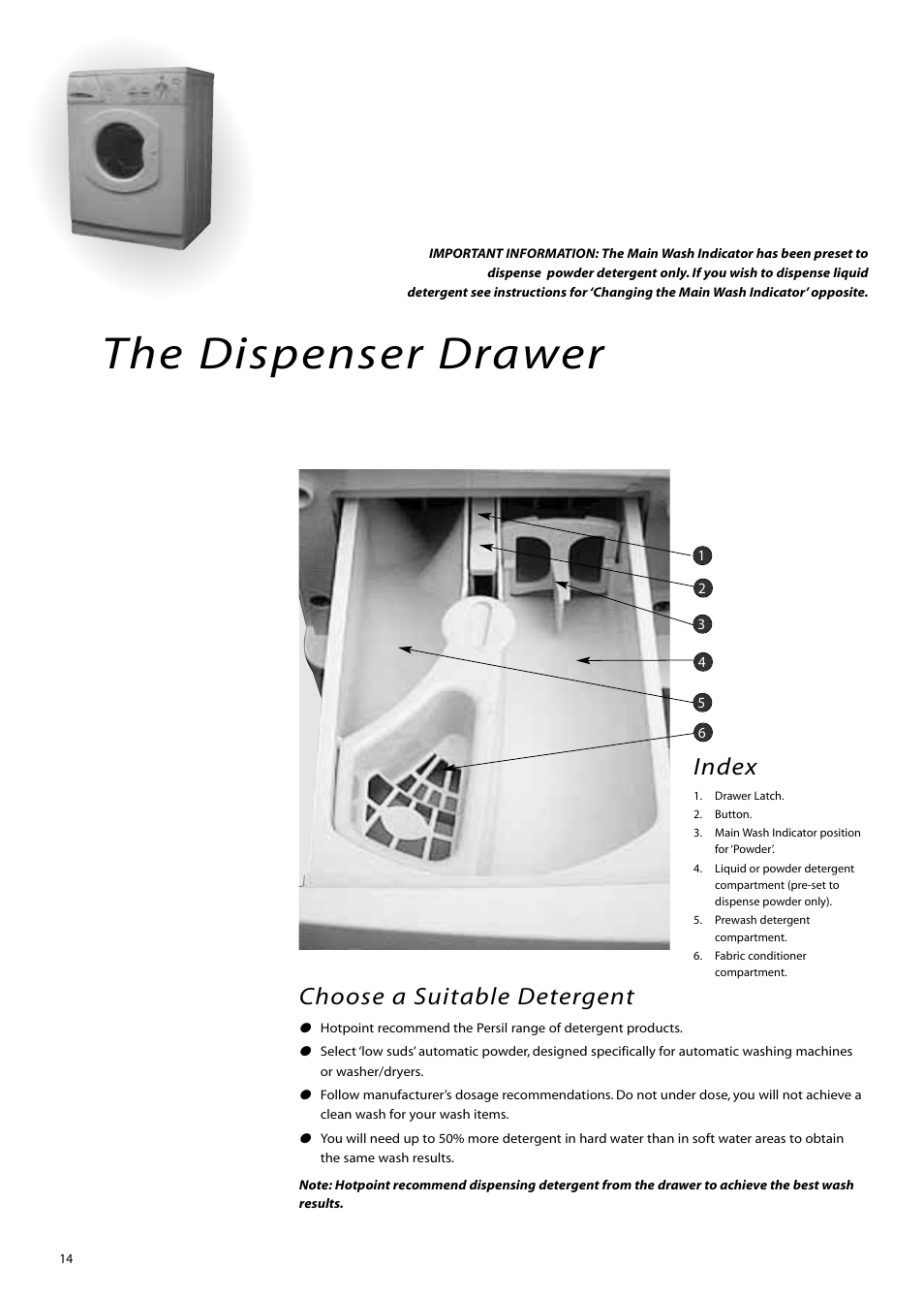 The dispenser drawer, Choose a suitable detergent, Index | Hotpoint WM83 User Manual | Page 14 / 20