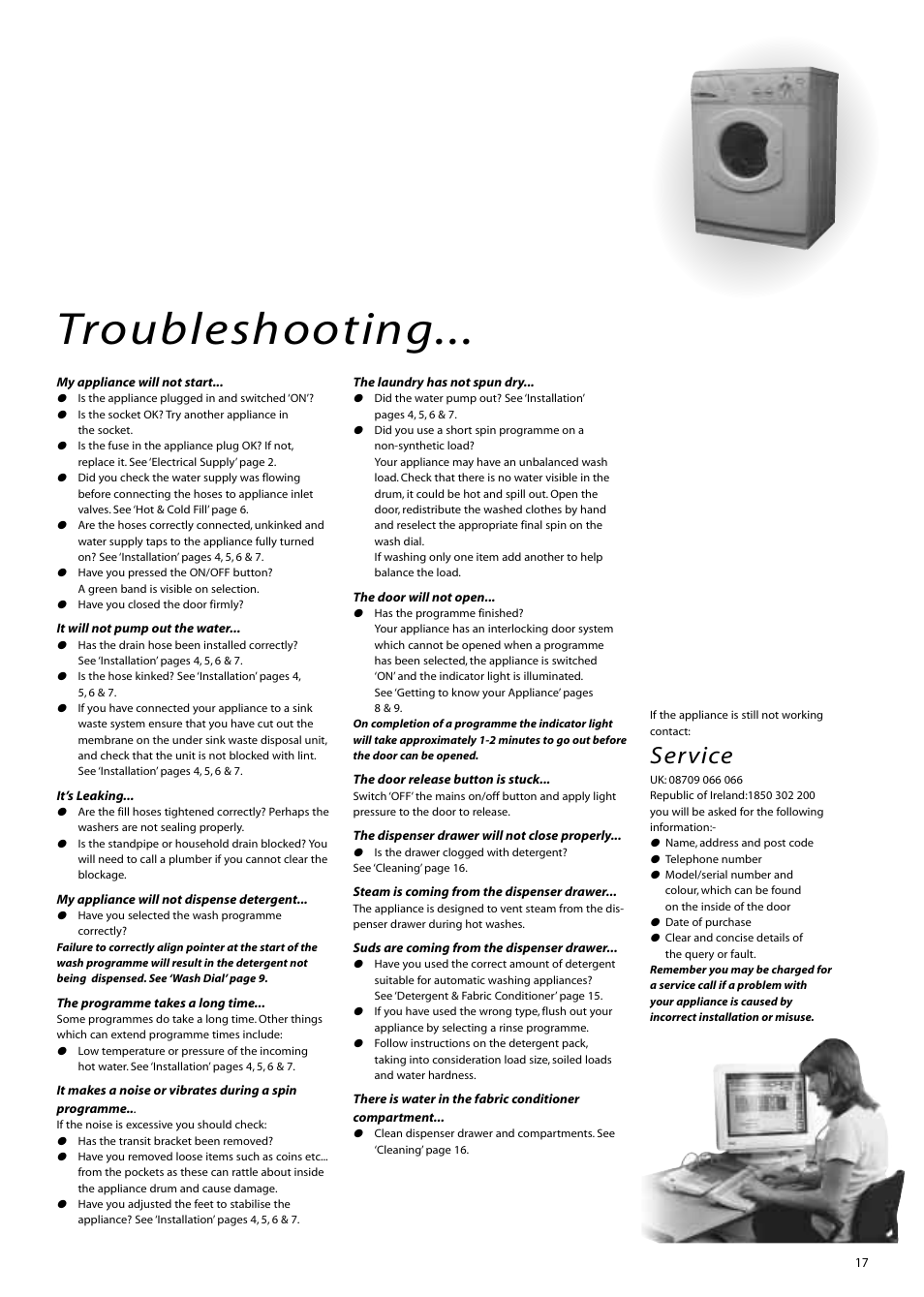 Troubleshooting, Service | Hotpoint WM83 User Manual | Page 17 / 20