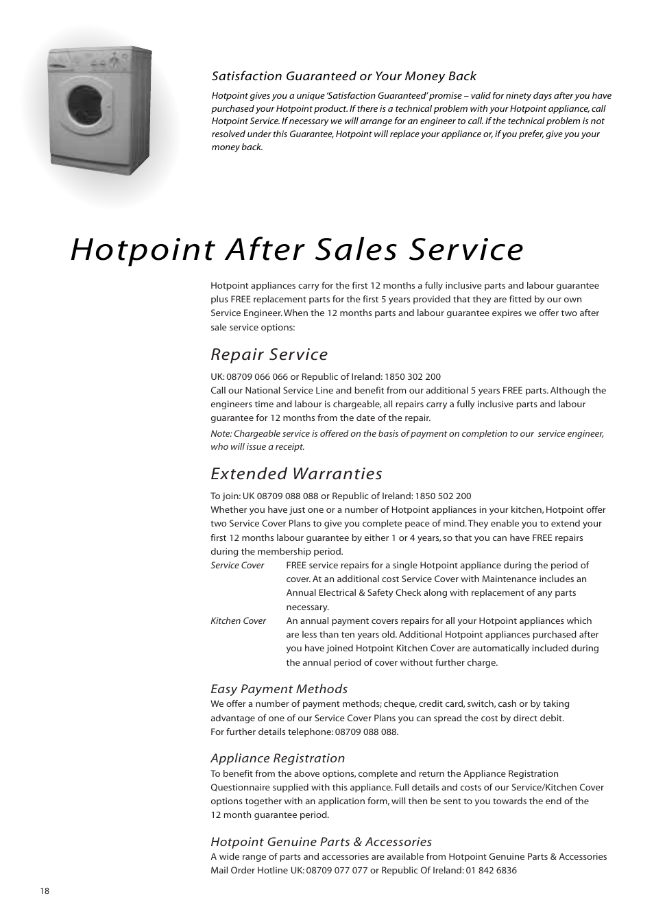 Hotpoint after sales service, Repair service, Extended warranties | Hotpoint WM83 User Manual | Page 18 / 20