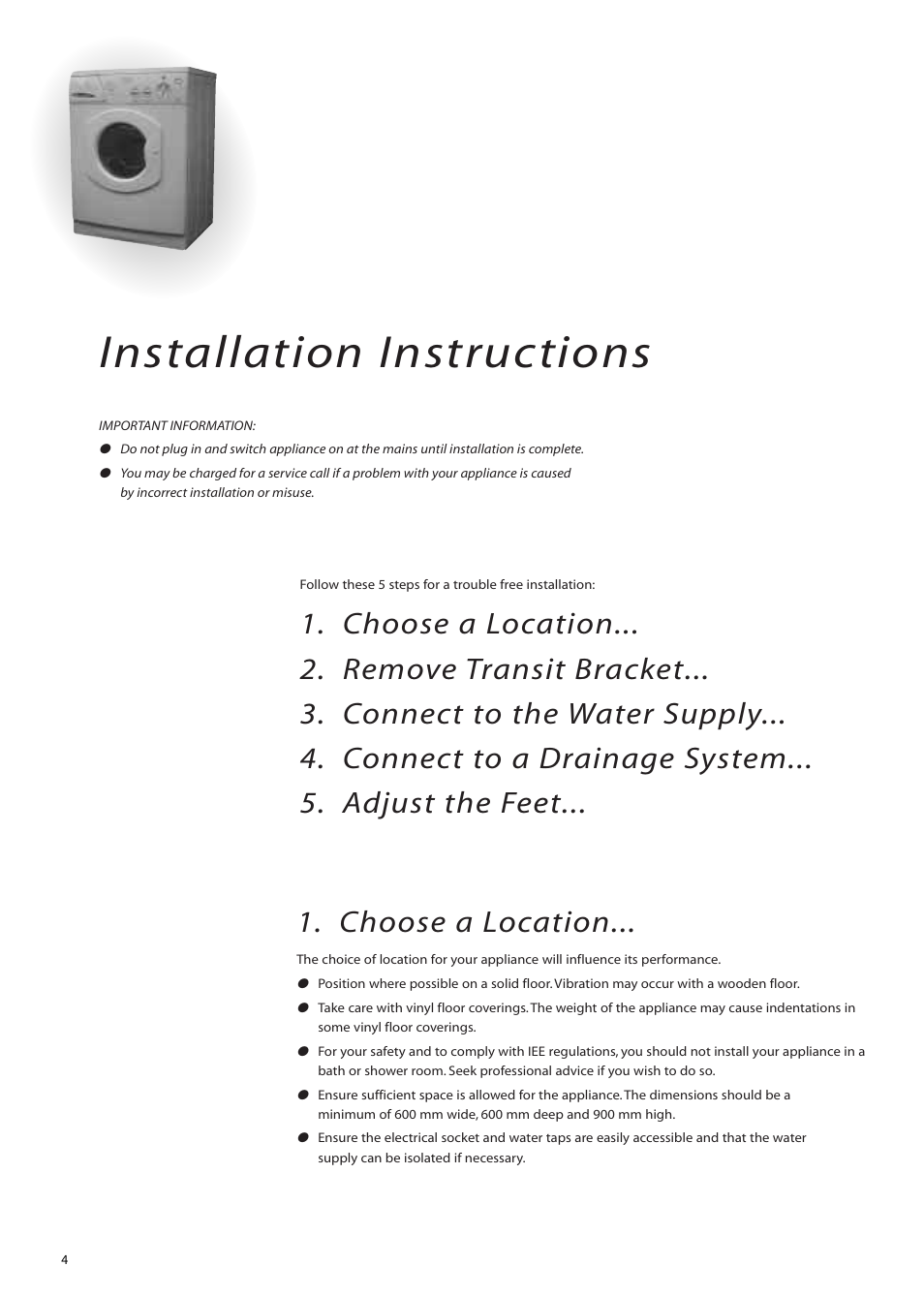 Installation instructions, Choose a location | Hotpoint WM83 User Manual | Page 4 / 20