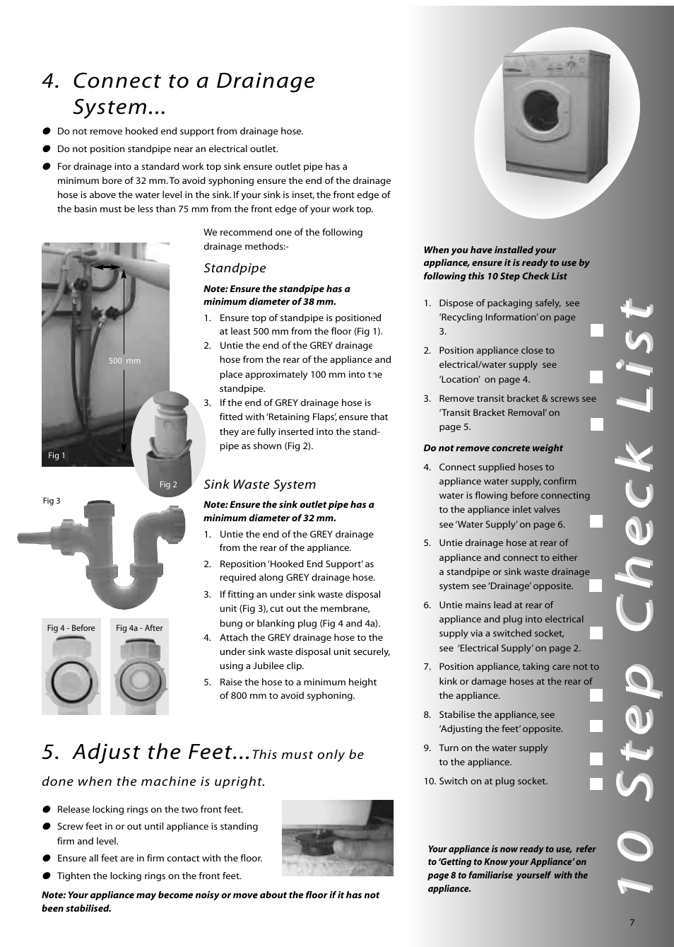 10 st, 10 st ep c ep c heck list heck list, Connect to a drainage system | Adjust the feet | Hotpoint WM83 User Manual | Page 7 / 20