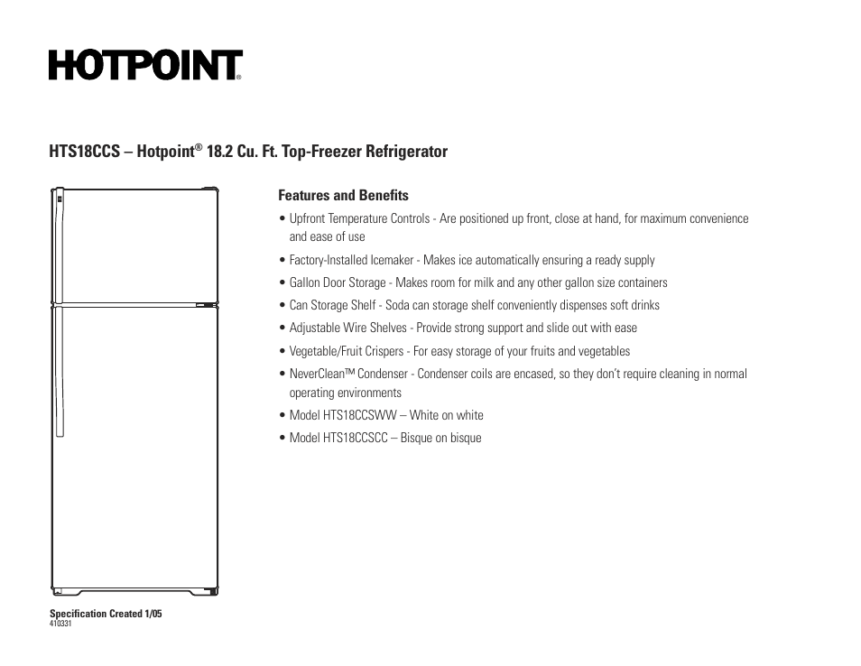 Hts18ccs – hotpoint, 2 cu. ft. top-freezer refrigerator | Hotpoint TS16BCR User Manual | Page 2 / 2