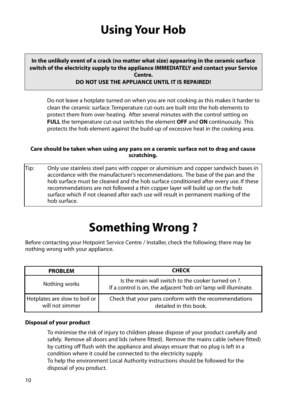 Using your hob something wrong | Hotpoint BE32 User Manual | Page 10 / 16