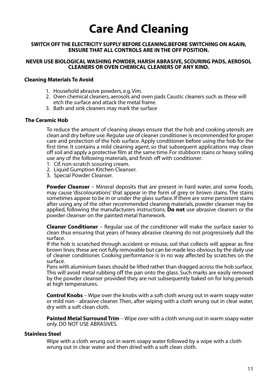Care and cleaning | Hotpoint BE32 User Manual | Page 11 / 16