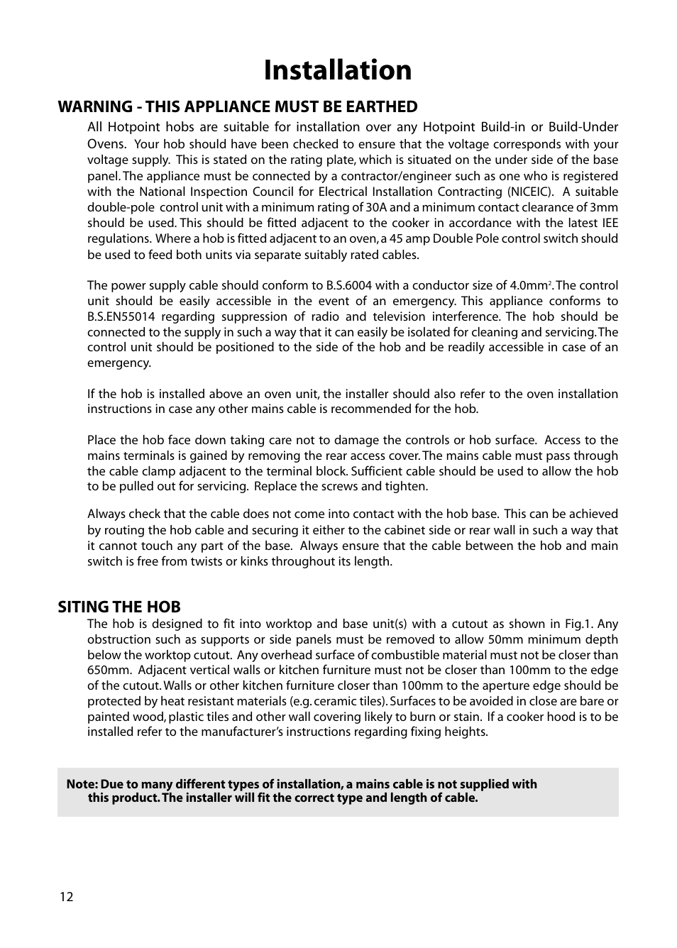 Installation | Hotpoint BE32 User Manual | Page 12 / 16