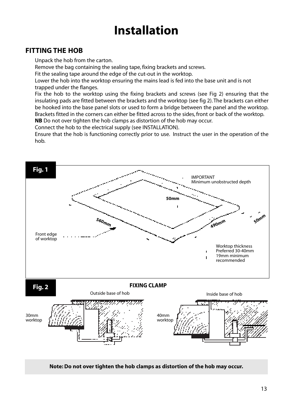 Installation, Fitting the hob | Hotpoint BE32 User Manual | Page 13 / 16