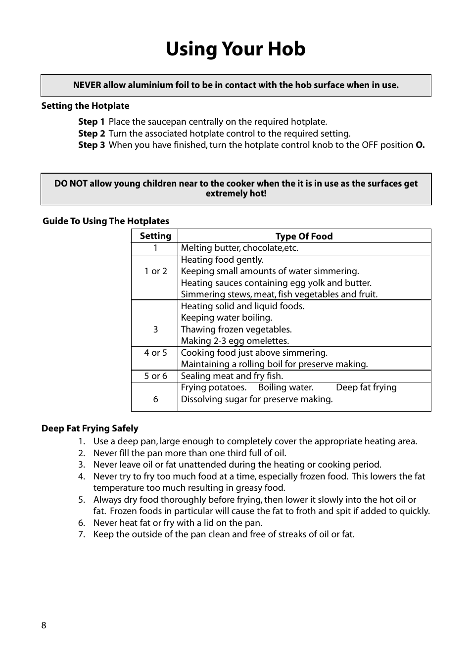 Using your hob | Hotpoint BE32 User Manual | Page 8 / 16