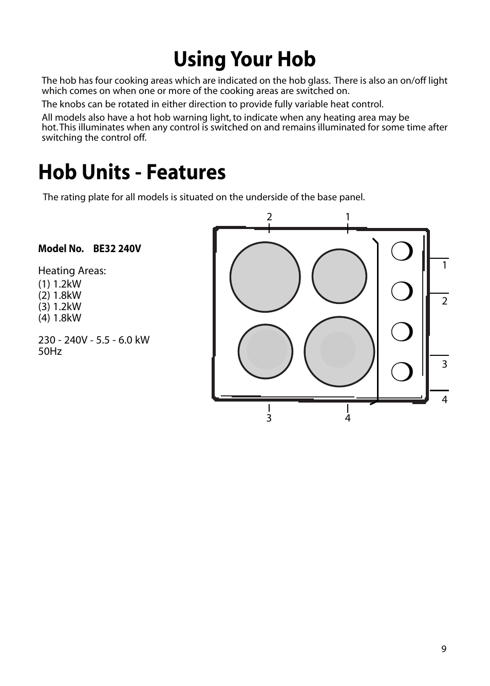 Using your hob hob units - features | Hotpoint BE32 User Manual | Page 9 / 16