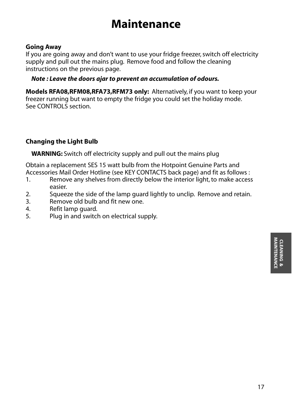 Maintenance | Hotpoint RFA63 User Manual | Page 17 / 24