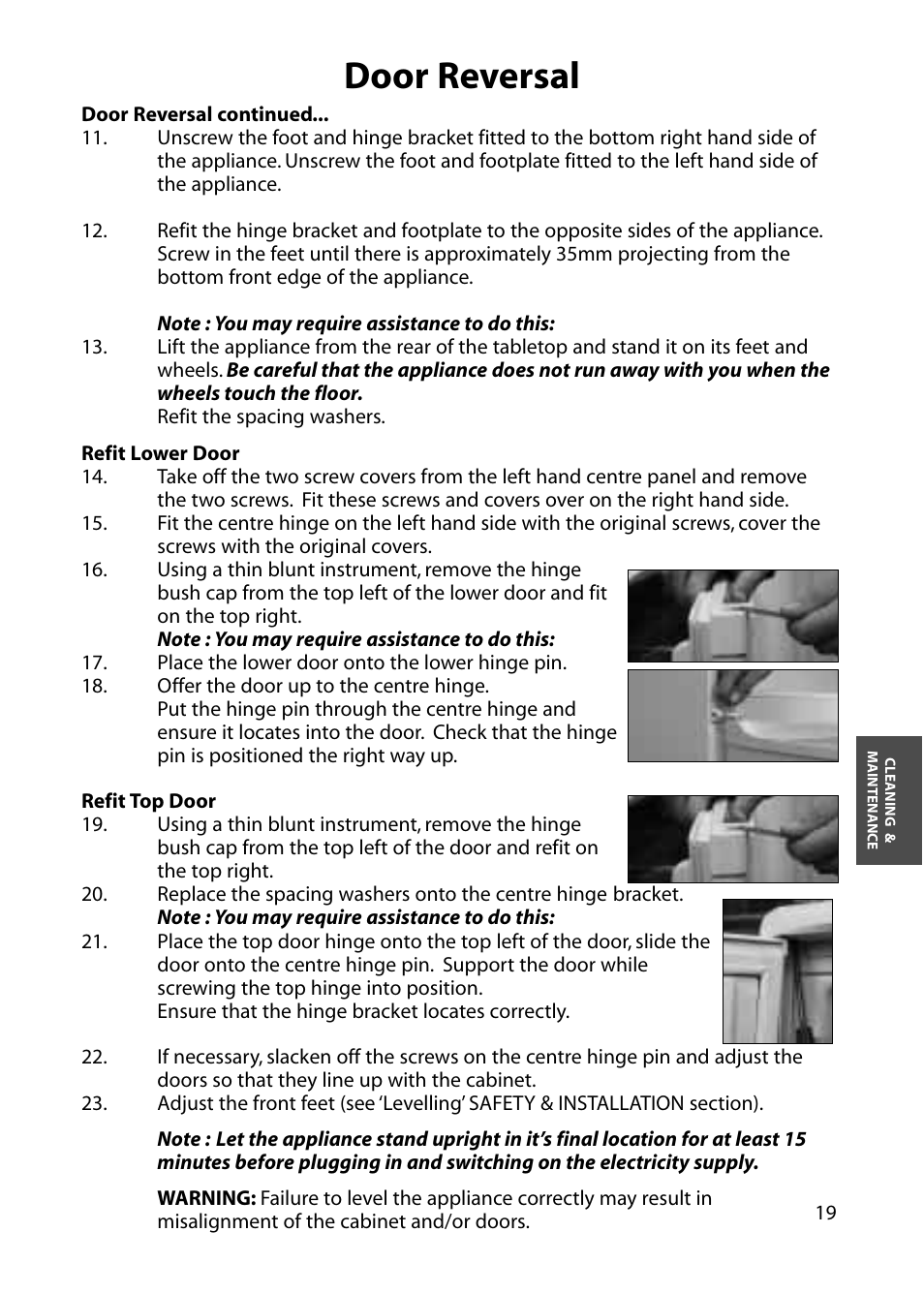 Door reversal | Hotpoint RFA63 User Manual | Page 19 / 24