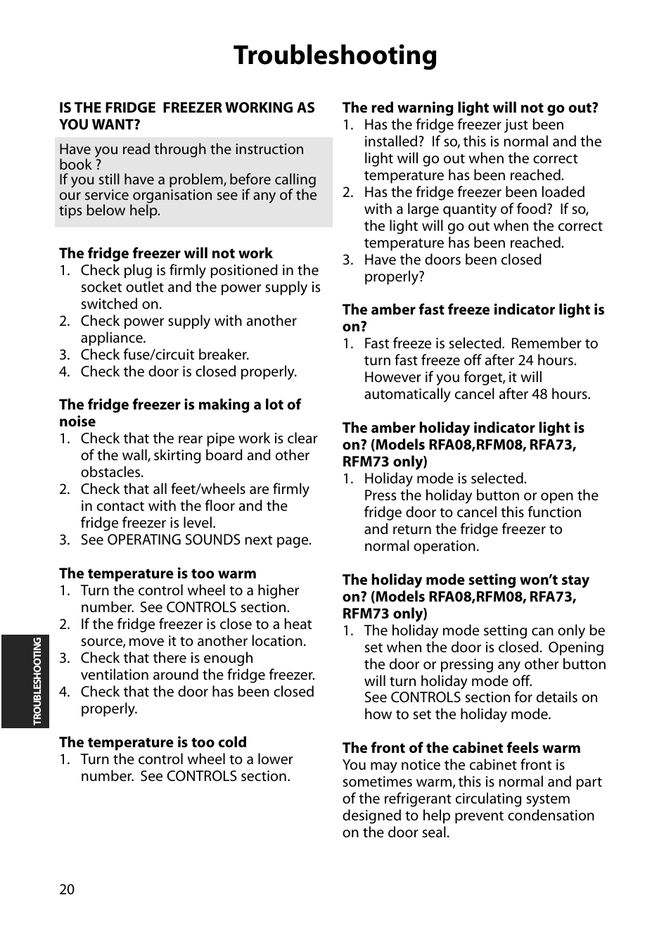 Troubleshooting | Hotpoint RFA63 User Manual | Page 20 / 24