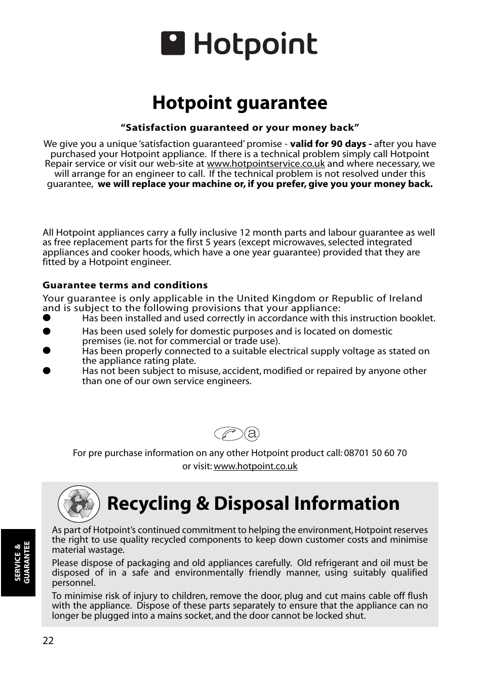 Recycling & disposal information, Hotpoint guarantee | Hotpoint RFA63 User Manual | Page 22 / 24