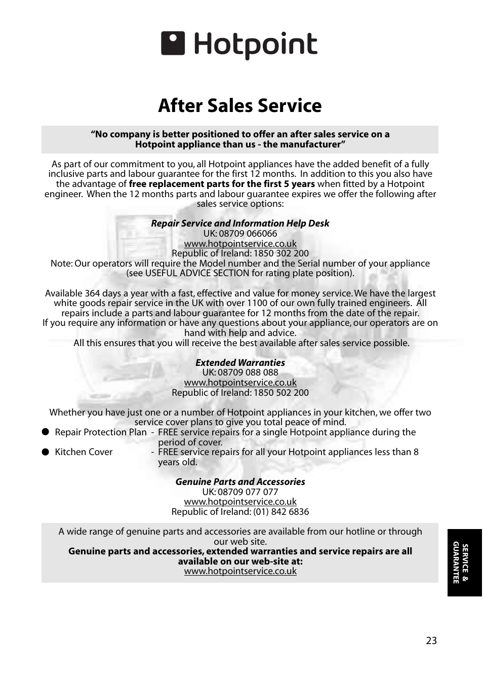 After sales service | Hotpoint RFA63 User Manual | Page 23 / 24