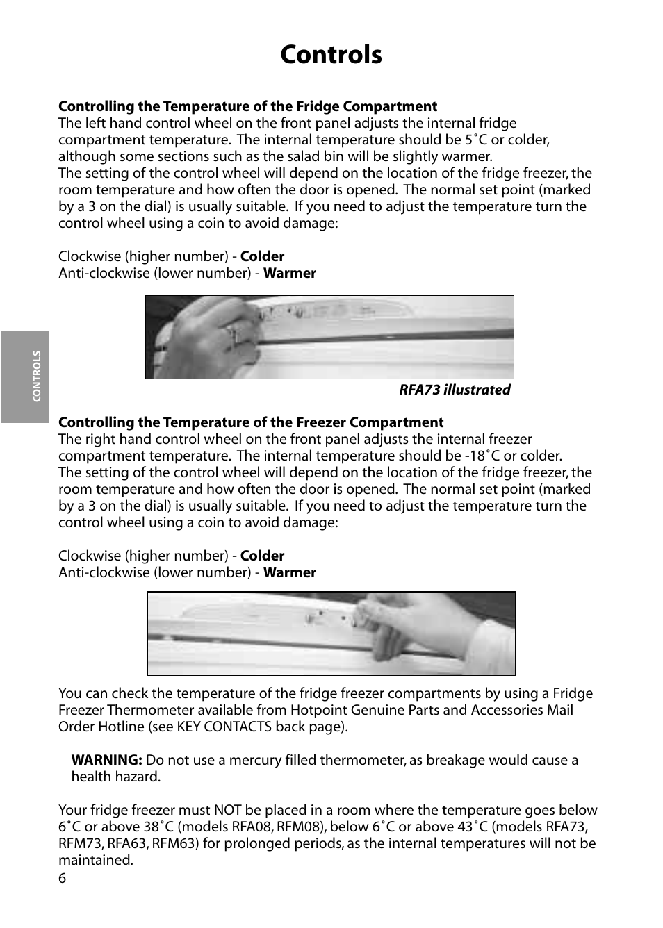 Controls | Hotpoint RFA63 User Manual | Page 6 / 24