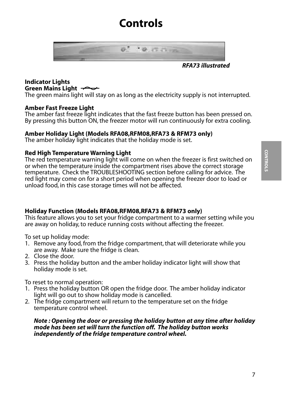 Controls | Hotpoint RFA63 User Manual | Page 7 / 24