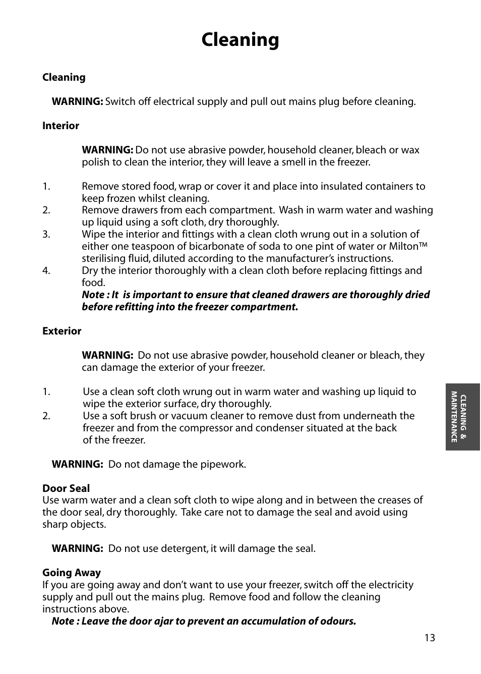 Cleaning | Hotpoint FZA54 User Manual | Page 13 / 20