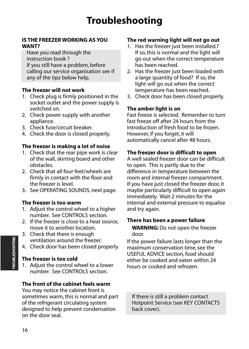 Troubleshooting | Hotpoint FZA54 User Manual | Page 16 / 20