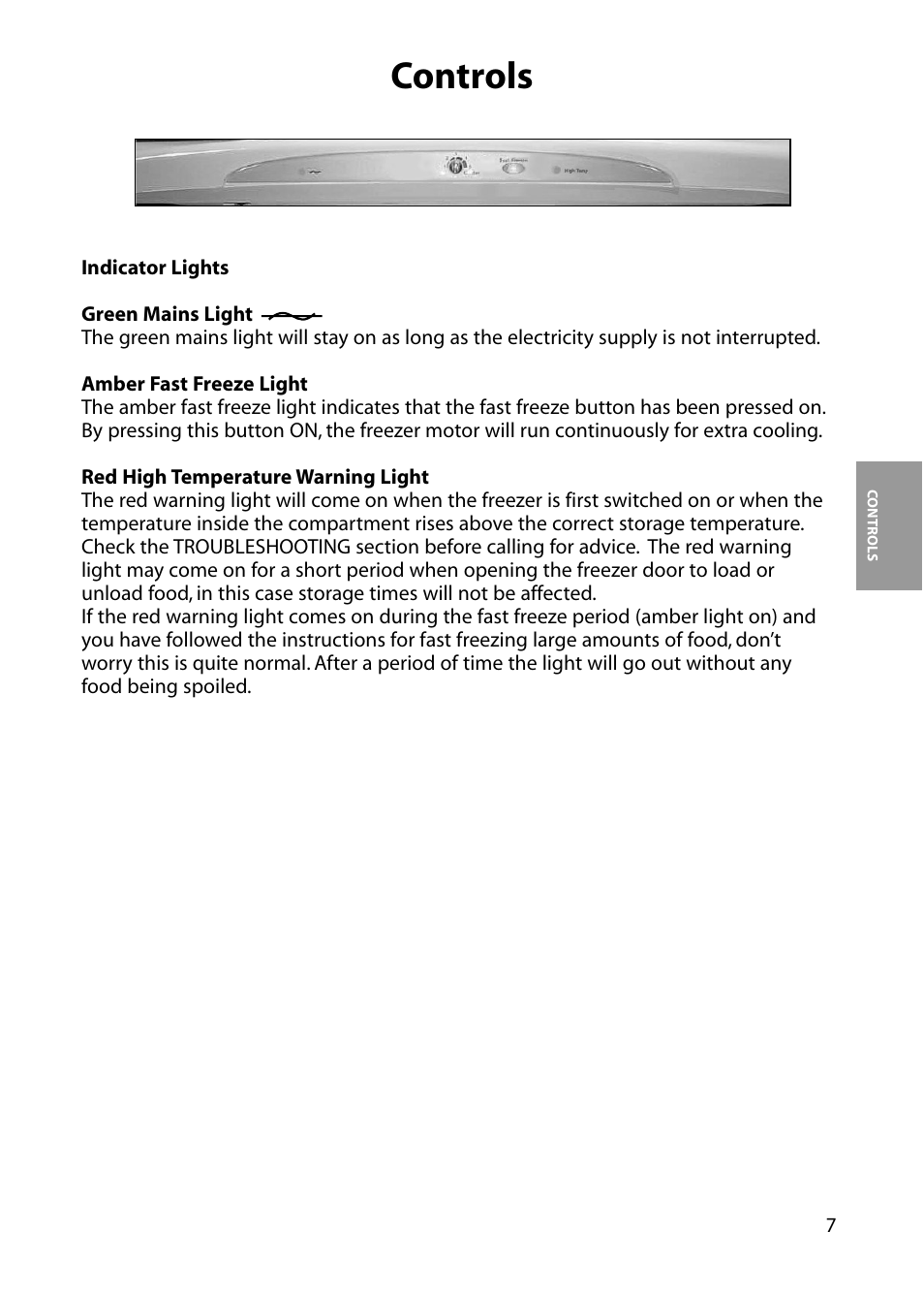 Controls | Hotpoint FZA54 User Manual | Page 7 / 20