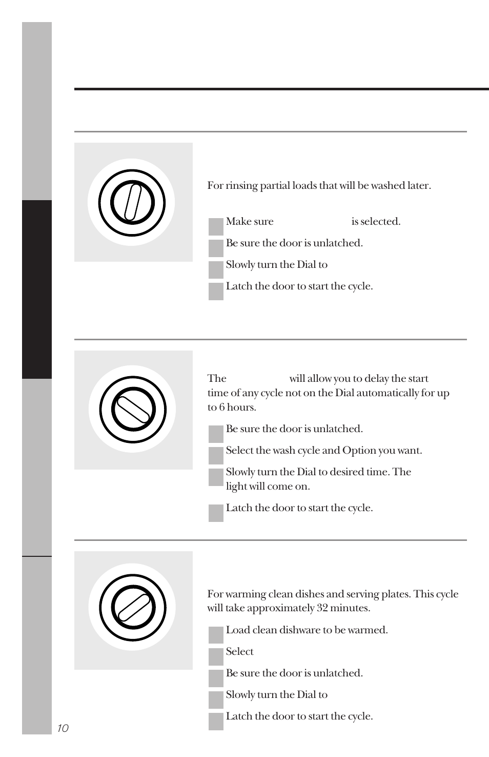 Dial cycles, Dial cycles , 11, About the dial cycles | Rinse & hold, Plate warmer, Start delay | Hotpoint HDA100 User Manual | Page 10 / 28