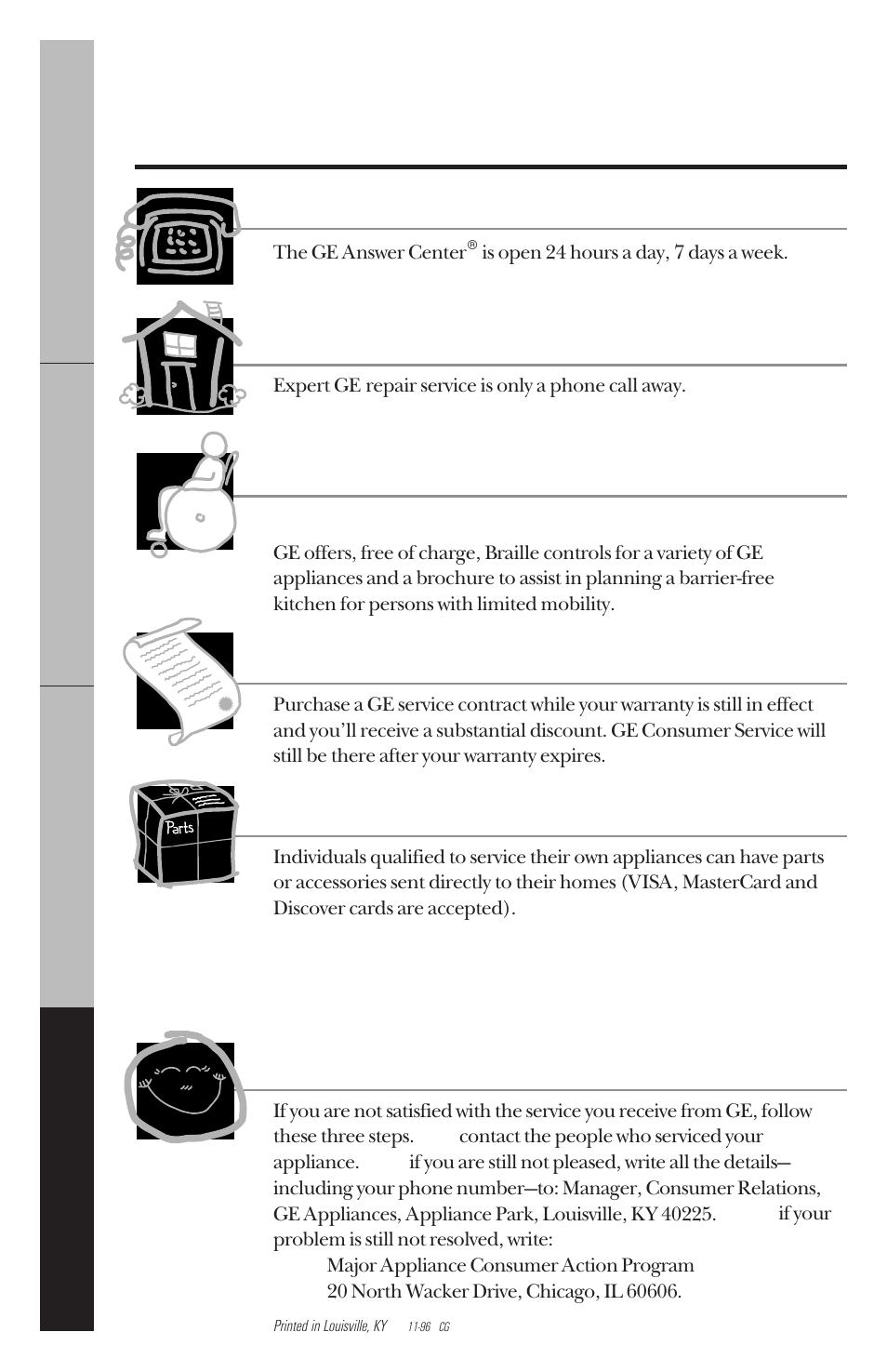 Service telphone numbers, Service telephone numbers, Ge answer center | In-home repair service, Special needs service, Service contracts, Parts and accessories, Service satisfaction | Hotpoint HDA100 User Manual | Page 28 / 28