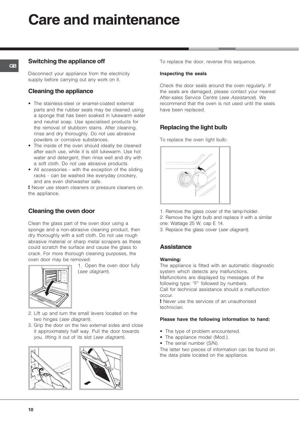 Care and maintenance | Hotpoint BS89EK User Manual | Page 10 / 12