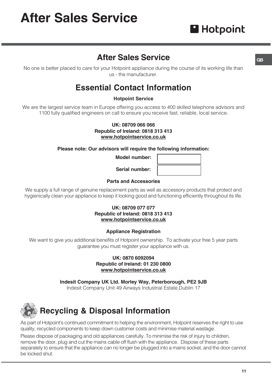 After sales service, Essential contact information, Recycling & disposal information | Hotpoint BS89EK User Manual | Page 11 / 12