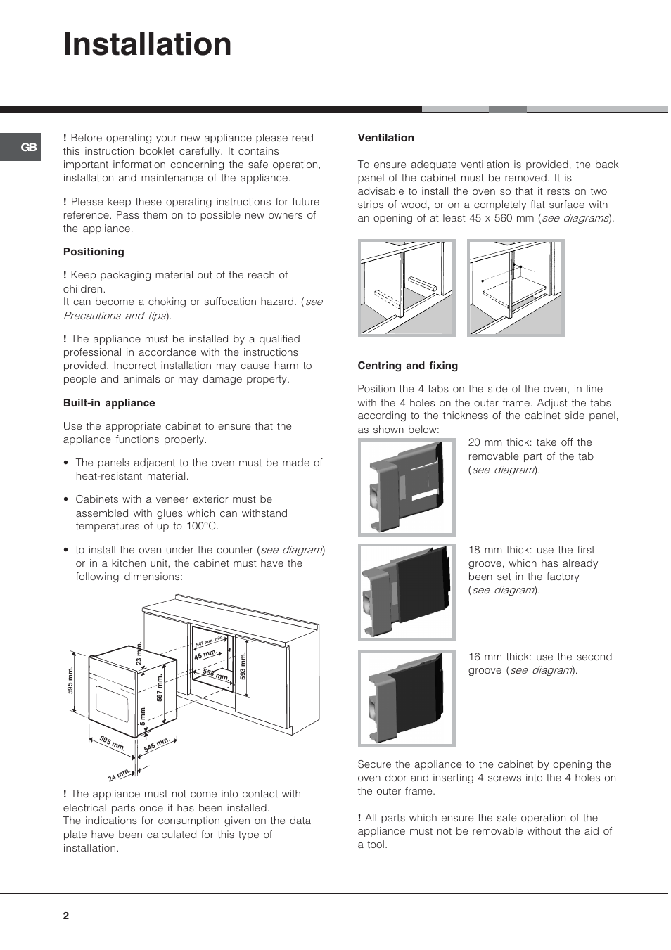 Installation | Hotpoint BS89EK User Manual | Page 2 / 12