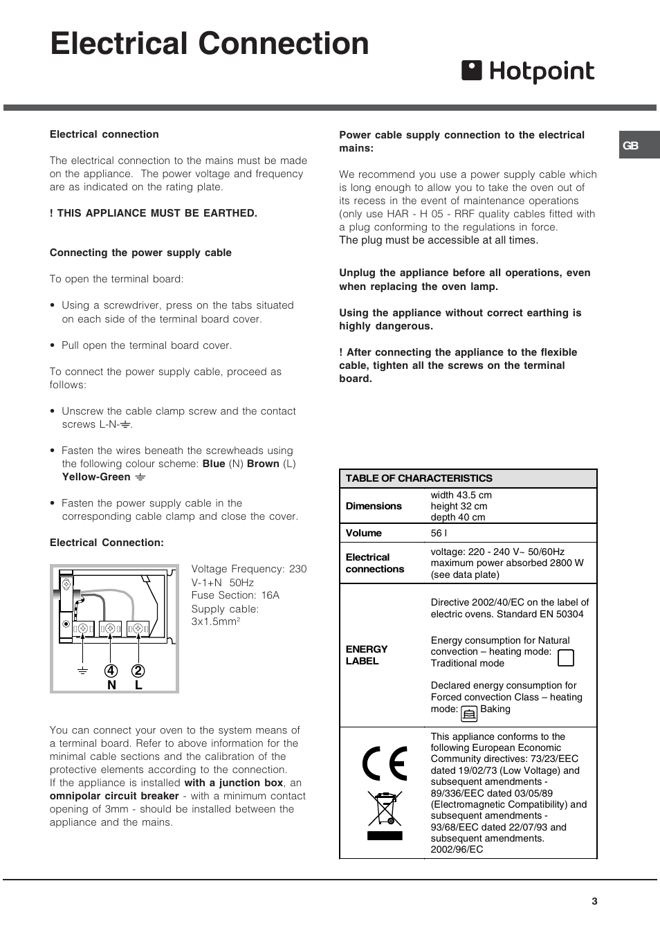 Electrical connection | Hotpoint BS89EK User Manual | Page 3 / 12