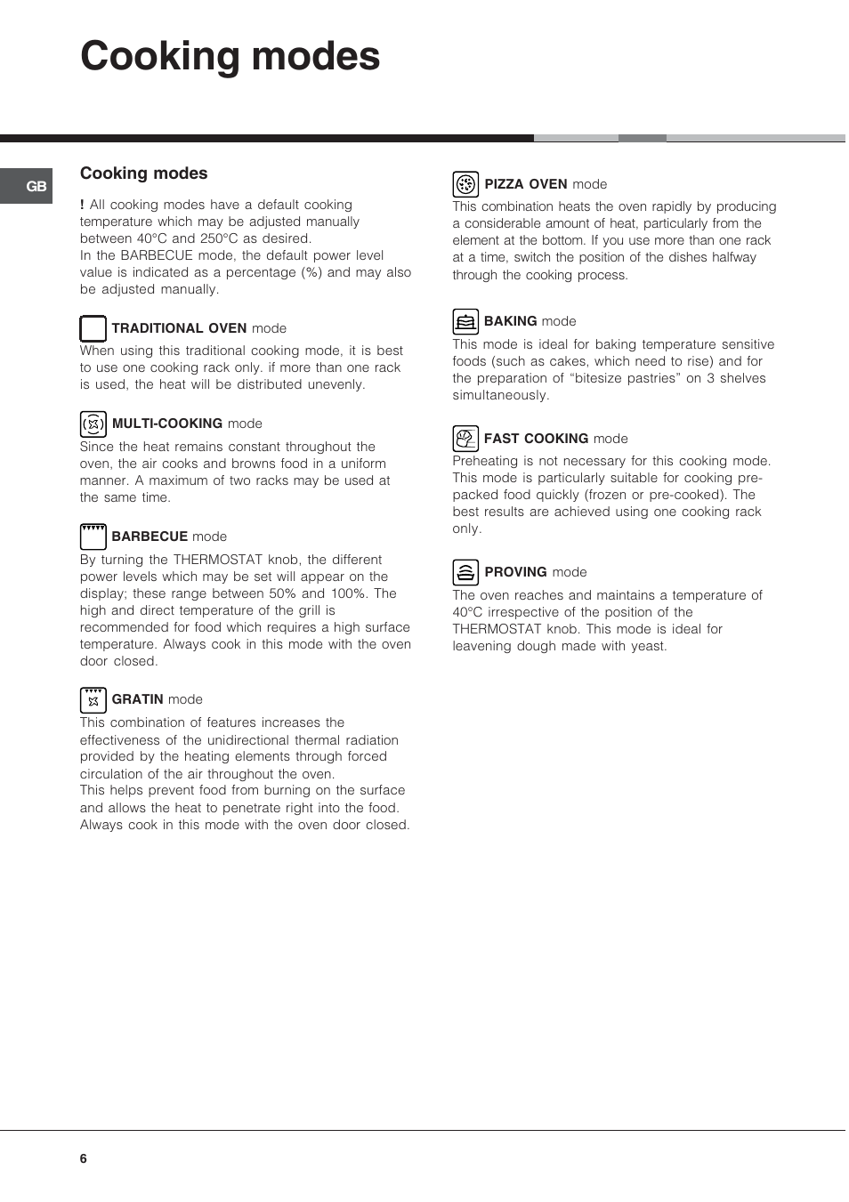 Cooking modes | Hotpoint BS89EK User Manual | Page 6 / 12
