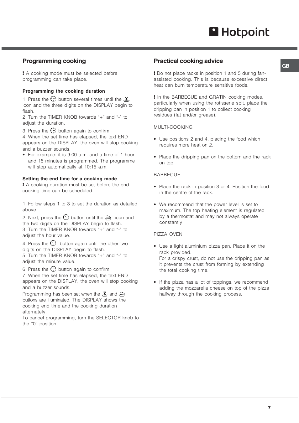 Programming cooking, Practical cooking advice | Hotpoint BS89EK User Manual | Page 7 / 12