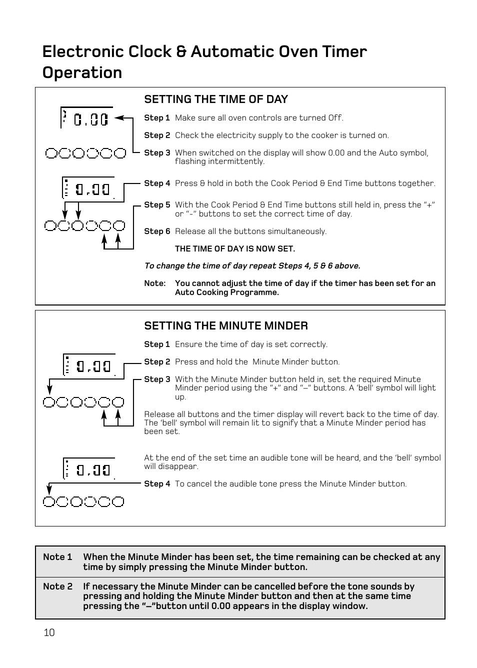 Electronic clock & automatic oven timer operation, Setting the time of day, Setting the minute minder | Hotpoint UE47 User Manual | Page 10 / 40