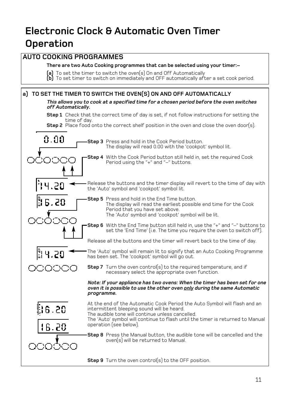 Electronic clock & automatic oven timer operation, Auto cooking programmes | Hotpoint UE47 User Manual | Page 11 / 40