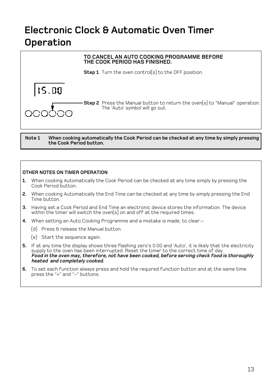 Electronic clock & automatic oven timer operation | Hotpoint UE47 User Manual | Page 13 / 40