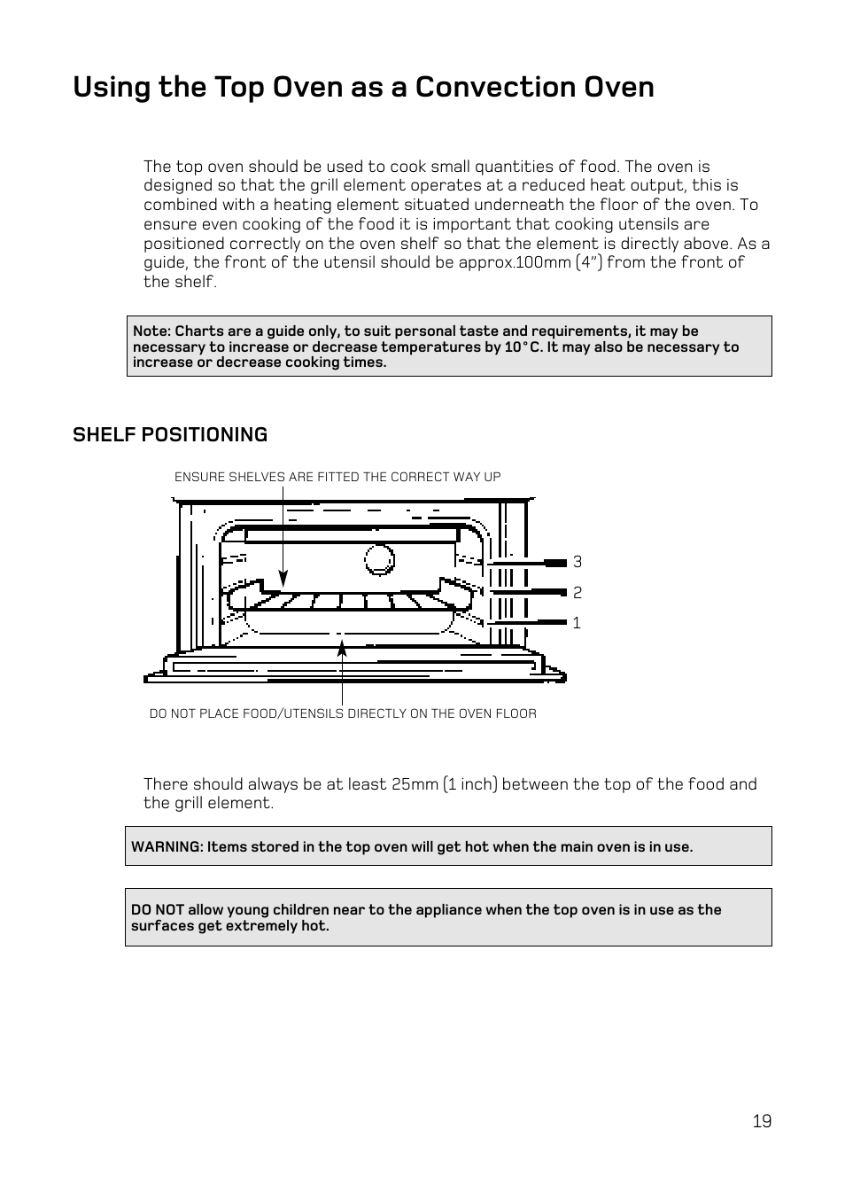 Using the top oven as a convection oven, Shelf positioning | Hotpoint UE47 User Manual | Page 19 / 40