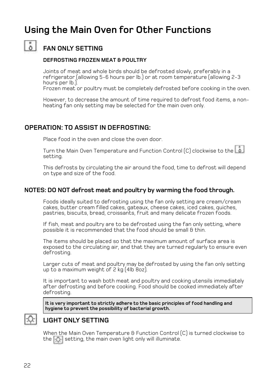 Using the main oven for other functions | Hotpoint UE47 User Manual | Page 22 / 40