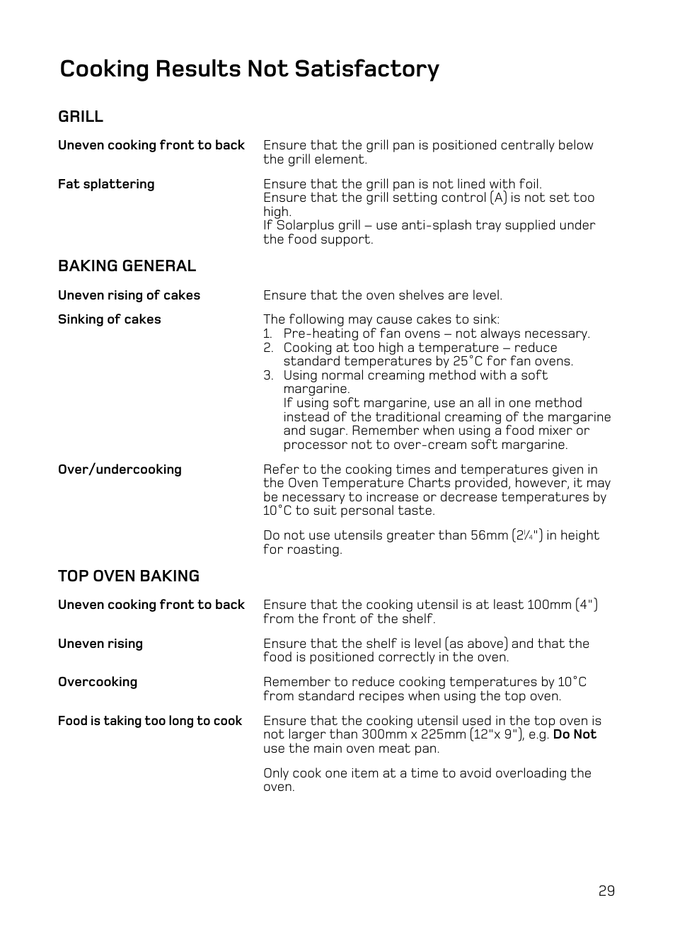 Cooking results not satisfactory, Grill, Baking general | Top oven baking | Hotpoint UE47 User Manual | Page 29 / 40