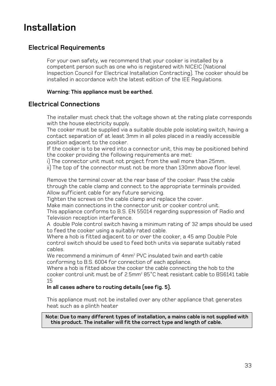 Installation, Electrical requirements, Electrical connections | Hotpoint UE47 User Manual | Page 33 / 40