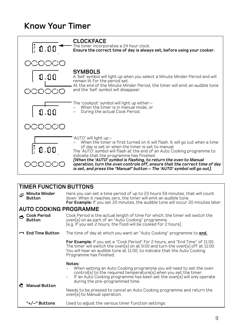 Know your timer, Timer function buttons auto cooking programme, Clockface | Symbols | Hotpoint UE47 User Manual | Page 9 / 40