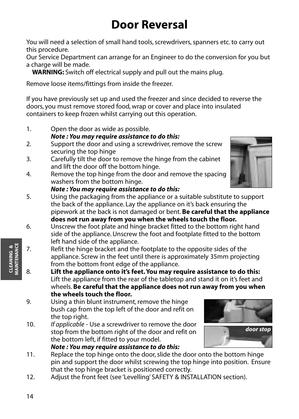 Door reversal | Hotpoint FZA31 User Manual | Page 14 / 20