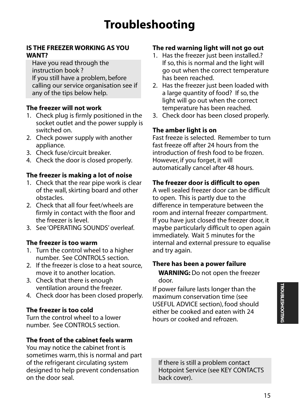 Troubleshooting | Hotpoint FZA31 User Manual | Page 15 / 20