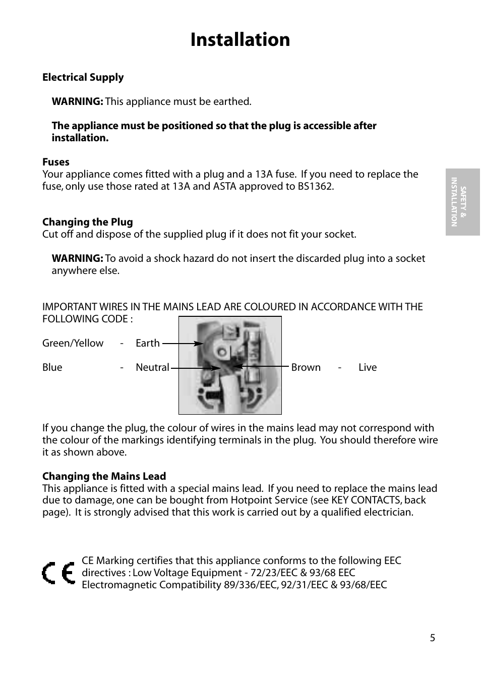 Installation | Hotpoint FZA31 User Manual | Page 5 / 20