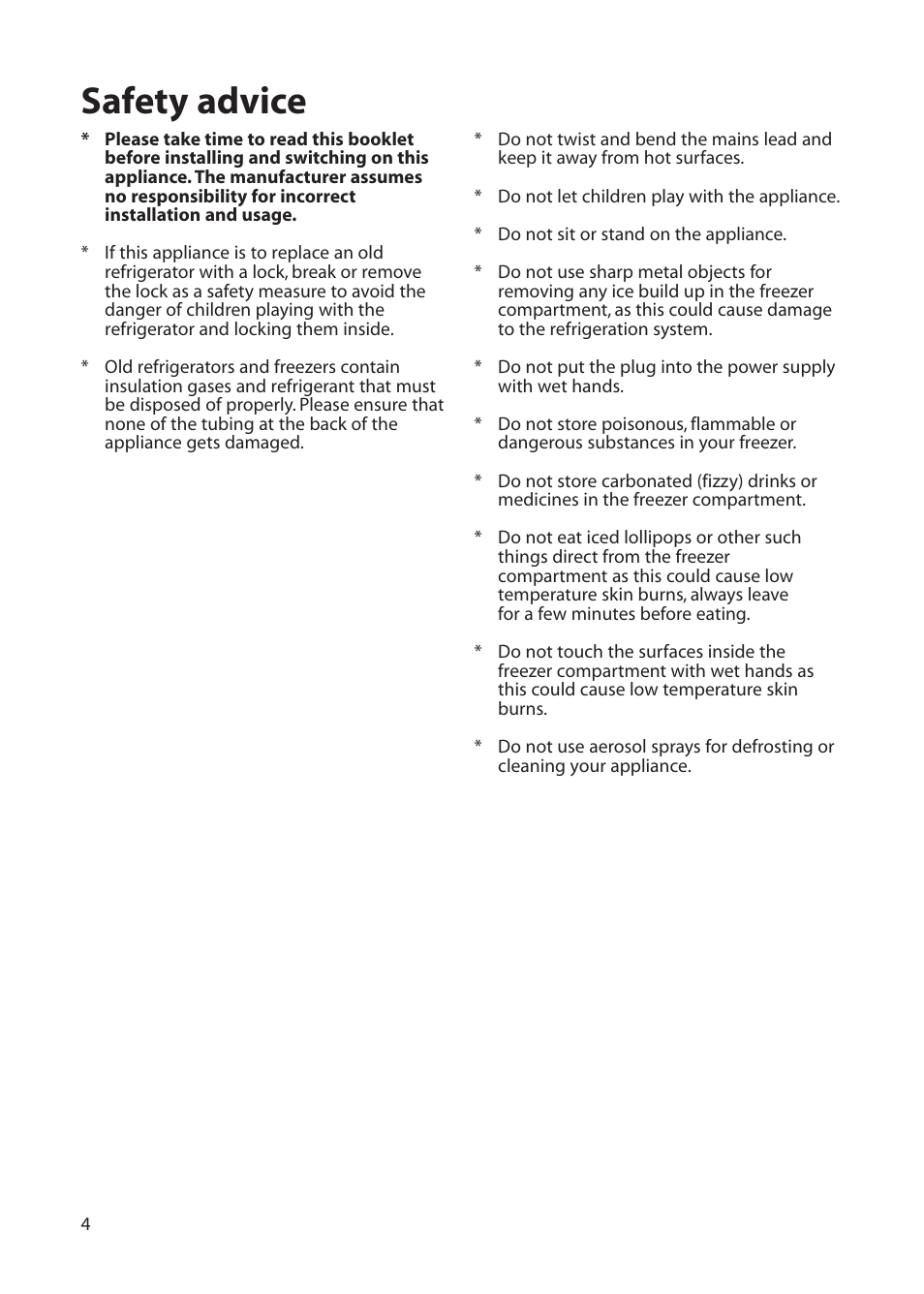 Safety advice | Hotpoint FFU00 User Manual | Page 4 / 28