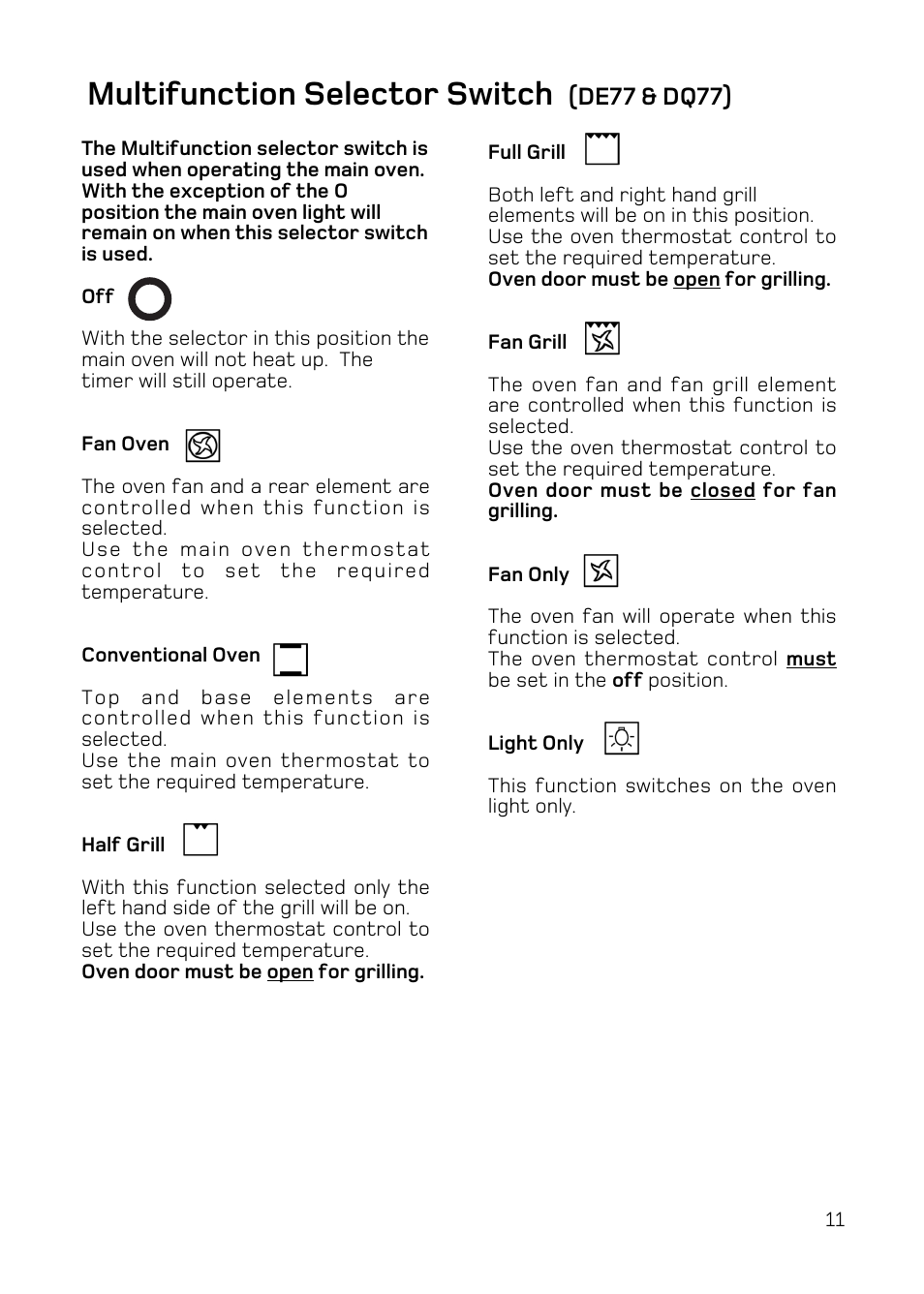 Multifunction selector switch, De77 & dq77) | Hotpoint DE47 User Manual | Page 11 / 48