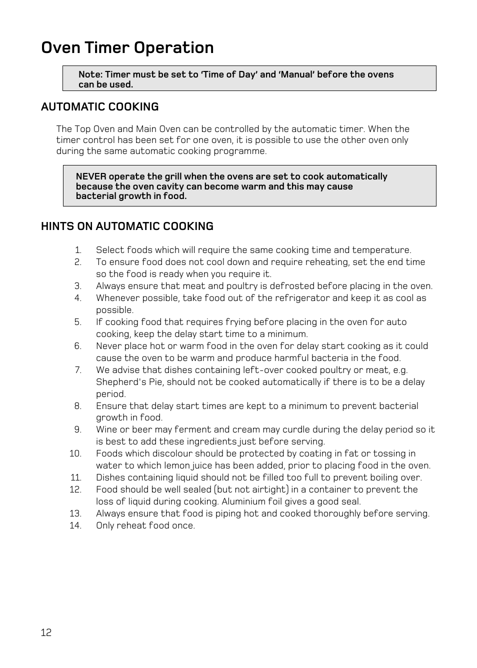 Oven timer operation | Hotpoint DE47 User Manual | Page 12 / 48