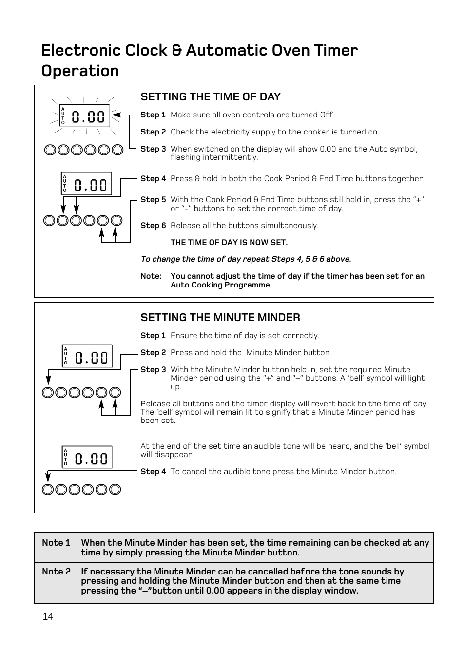 Electronic clock & automatic oven timer operation, Setting the time of day, Setting the minute minder | Hotpoint DE47 User Manual | Page 14 / 48